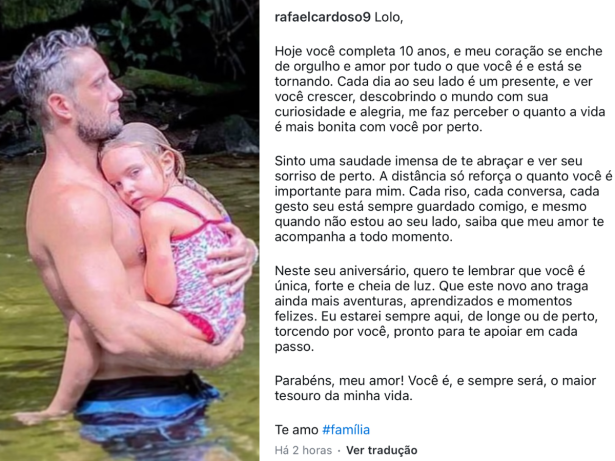 Rafael Cardoso dá parabéns para filha, distante há 1 ano: “Só reforça a importância”