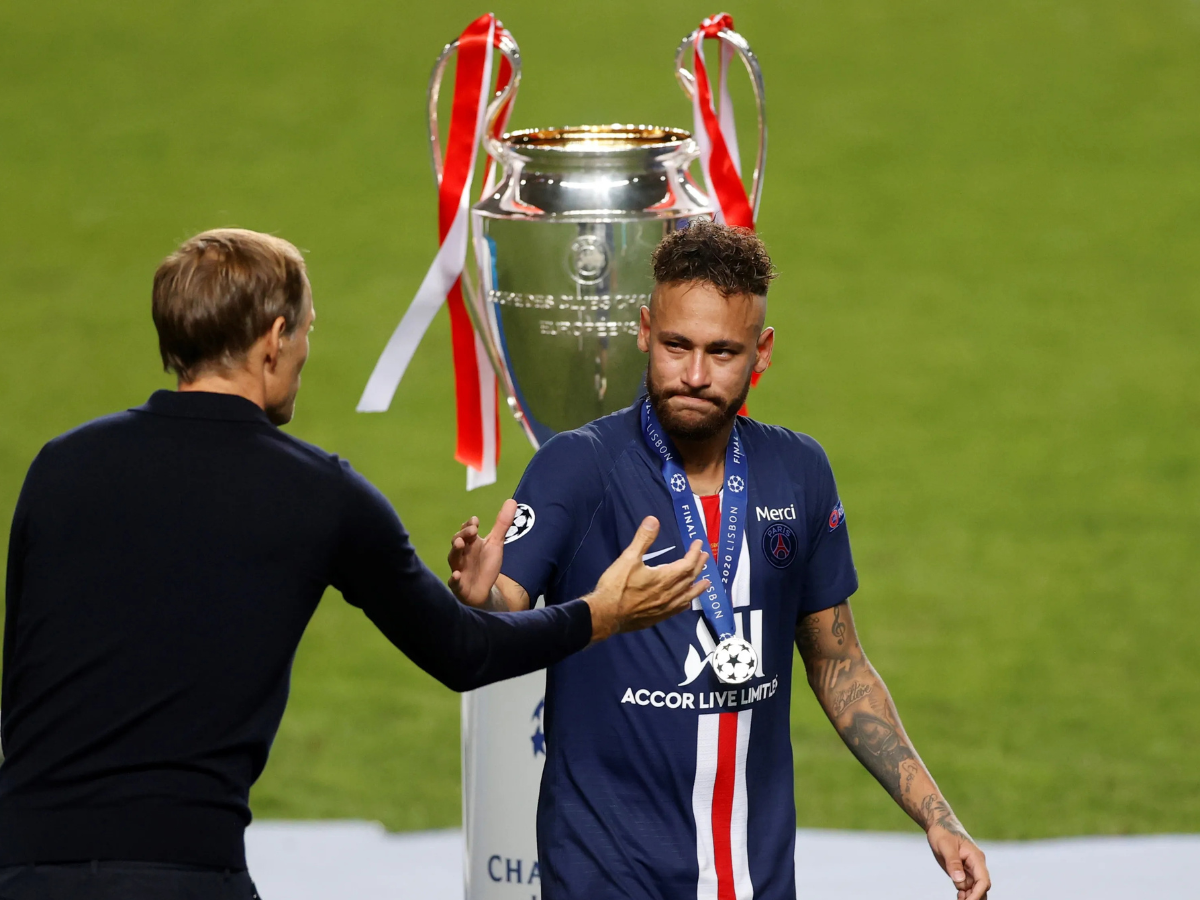 Neymar e Thomas Tuchel após perder final da Champions/Reprodução