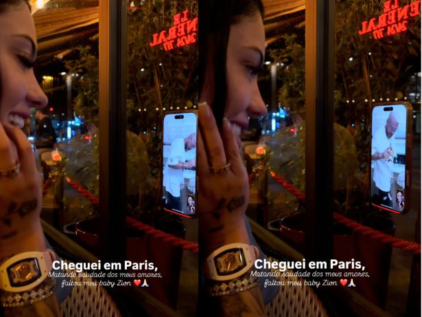 Rayane Figliuzzi faz videochamada com Belo durante viagem a Paris: “Saudade”