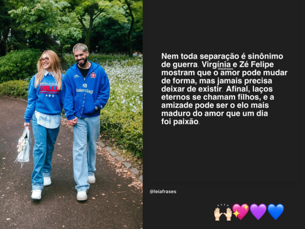 “O amor pode mudar de forma”, compartilha Virginia em post sobre separação