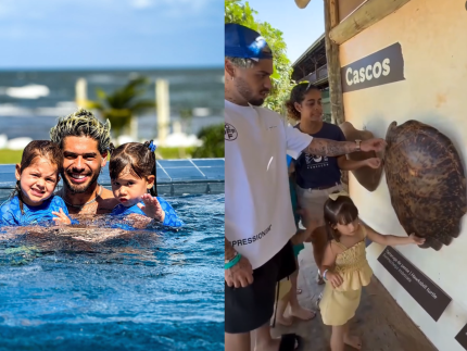 Skin pai solteiro! Zé Felipe leva os filhos para conhecer Projeto Tamar na Bahia