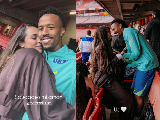 Tainá Castro posa com Éder Militão durante treino da Seleção Brasileira em Londres