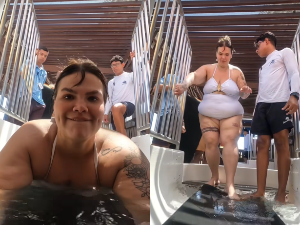 Vitória refrescante: Thais Carla entra em brinquedo de parque aquático após emagrecer