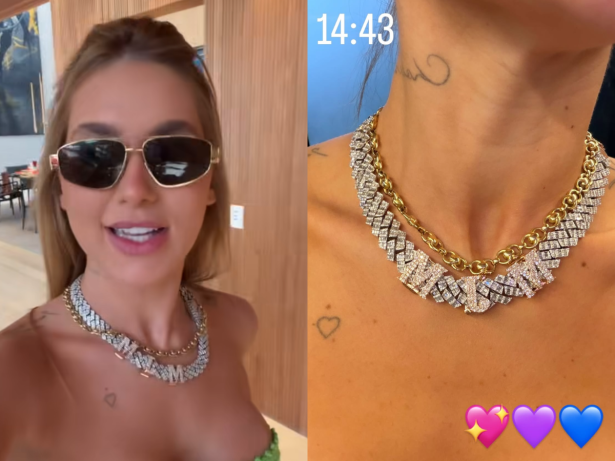 Presente de Natal? Virginia chama atenção ao surgir com colar de diamantes com as iniciais dos filhos