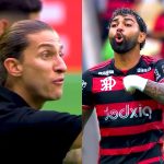 Puxão de orelha, gol e pazes: o vai e volta de Filipe Luís e Gabigol em campo