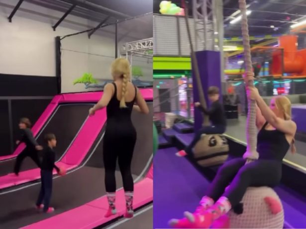 Andressa Suita se diverte em parque de trampolins com os filhos