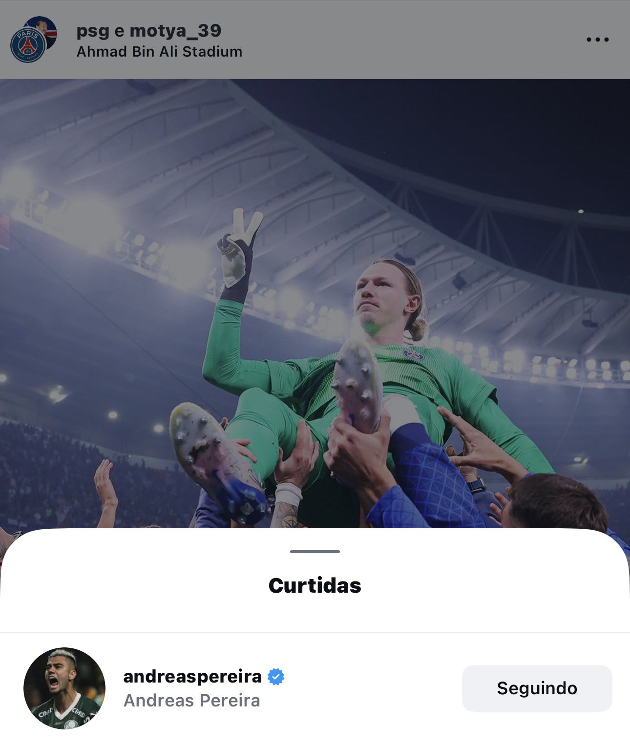 Andreas curtiu publicação do PSG em comemoração ao título do Intercontinental contra o Flamengo / Foto: Reprodução Instagram @psg
