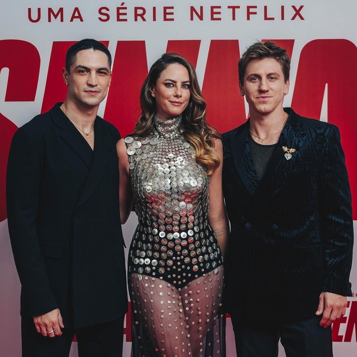 Gabriel Leone, Kaya Scodelario e Matt Mella no lançamento de “Senna” / Divulgação