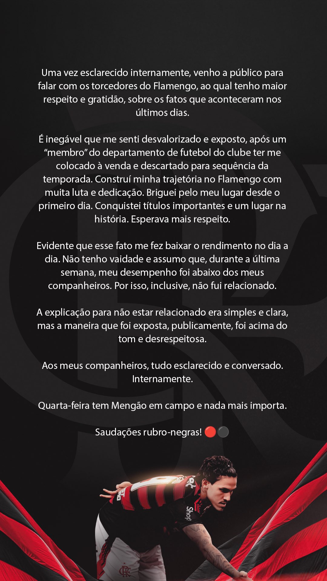 Pedro se pronunciou em nota oficial sobre falas de Filipe Luís / Reprodução