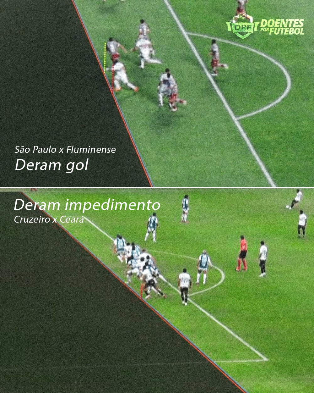 Lances praticamente idênticos, mas com marcações diferentes. Foto: Reprodução Globo/Doentes Por Futebol