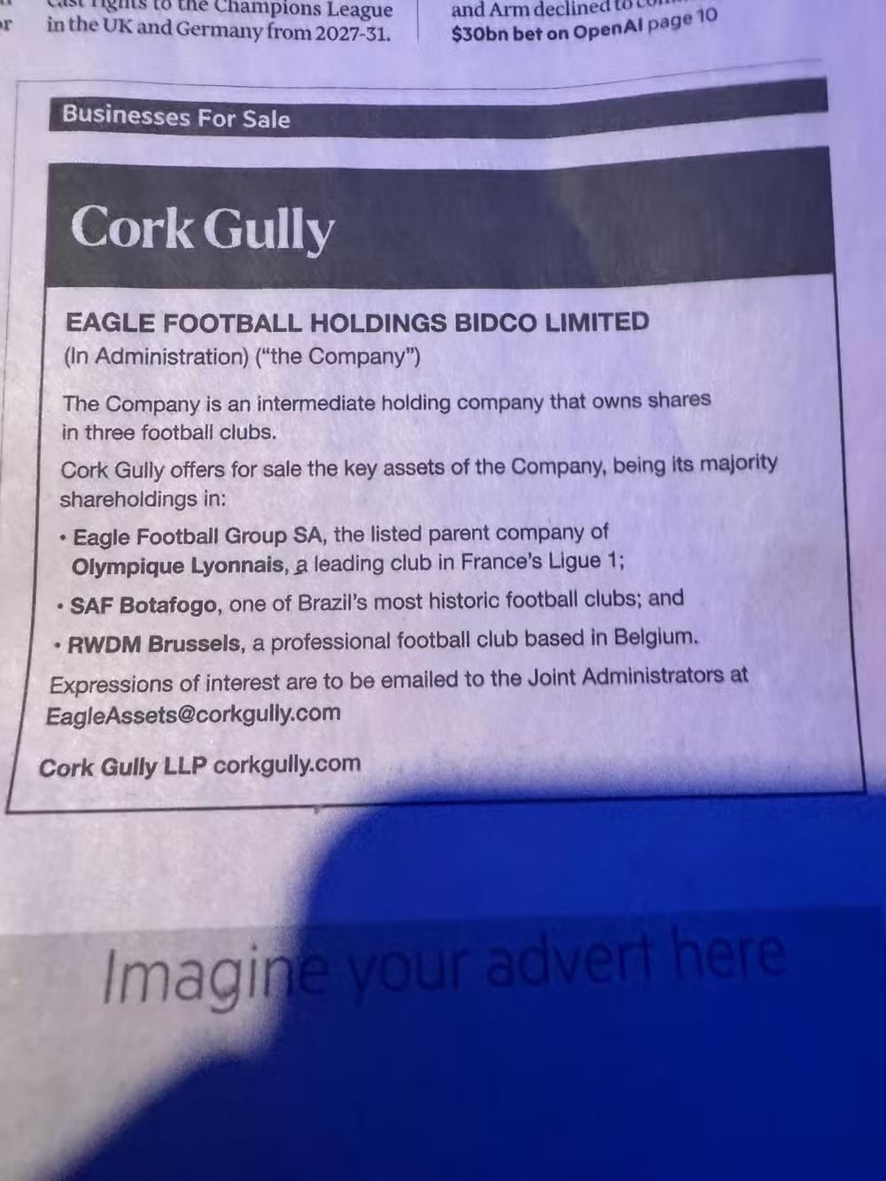 Eagle coloca o Botafogo à venda em anúncio de jornal / Reprodução: Financial Times Eagle coloca o Botafogo à venda em anúncio de jornal / Reprodução: Financial Times