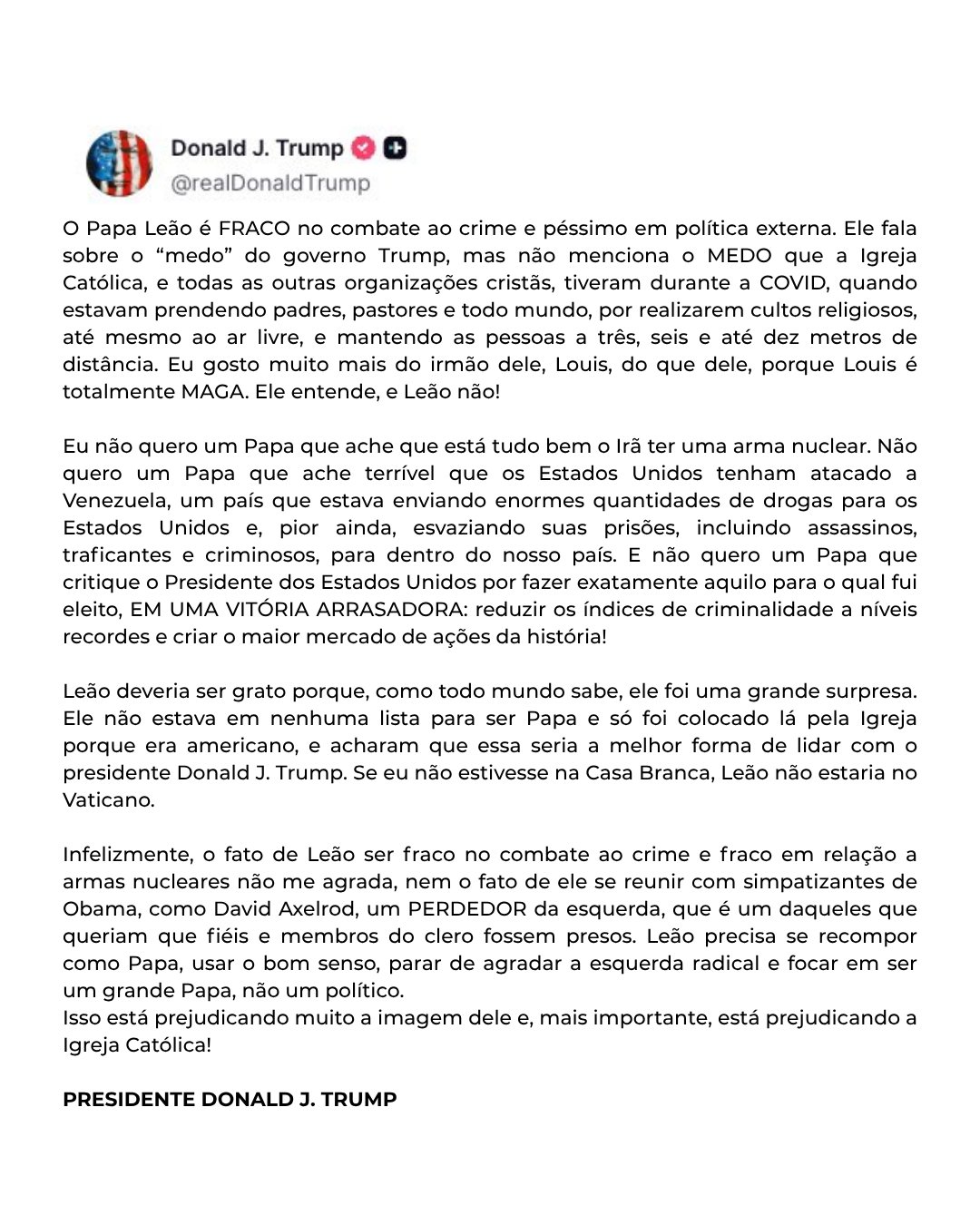 Post escrito por Donald Trump atacando o Papa Leão XIV / Reprodução: Eixo Político X 