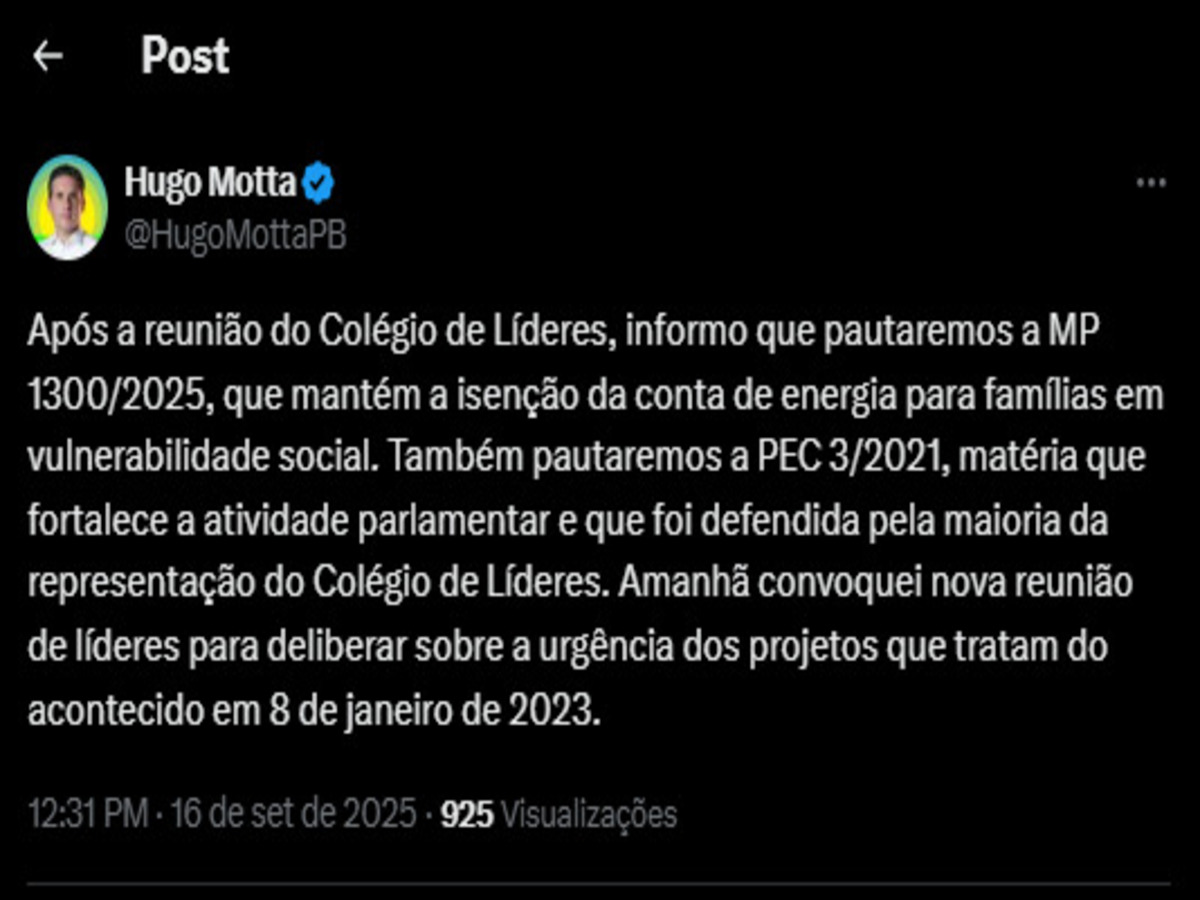 Post Hugo Motta X - Internet Reprodução