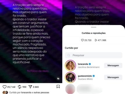 Em meio a rumores sobre Ana Castela e Zé Felipe, Mioto curte texto sobre traição