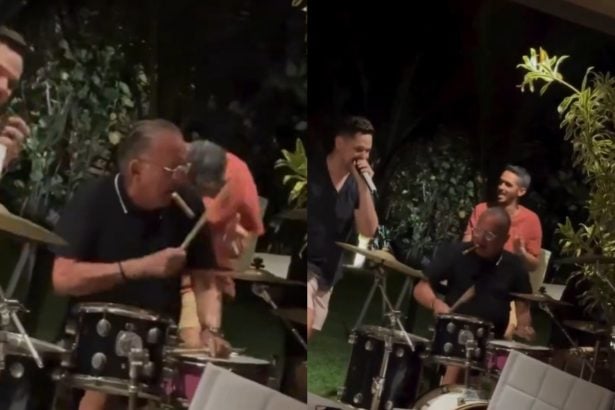 Galvão Bueno mostra talento na bateria enquanto fuma charuto no Réveillon