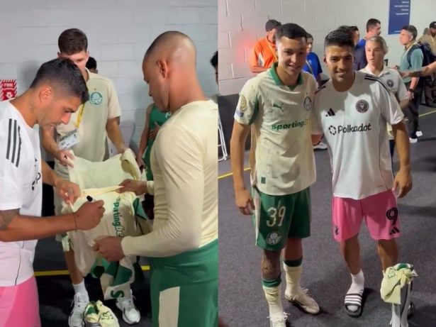 Luis Suárez assina camisas de jogadores do Palmeiras após jogo no Mundial de Clubes