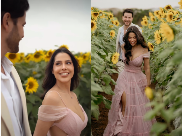 Laís Caldas e Gustavo Marsengo fazem ensaio pré-casamento em campo de girassóis
