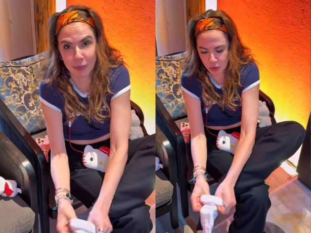 Luciana Gimenez testa limpeza do Japão com meia branca e fica impressionada