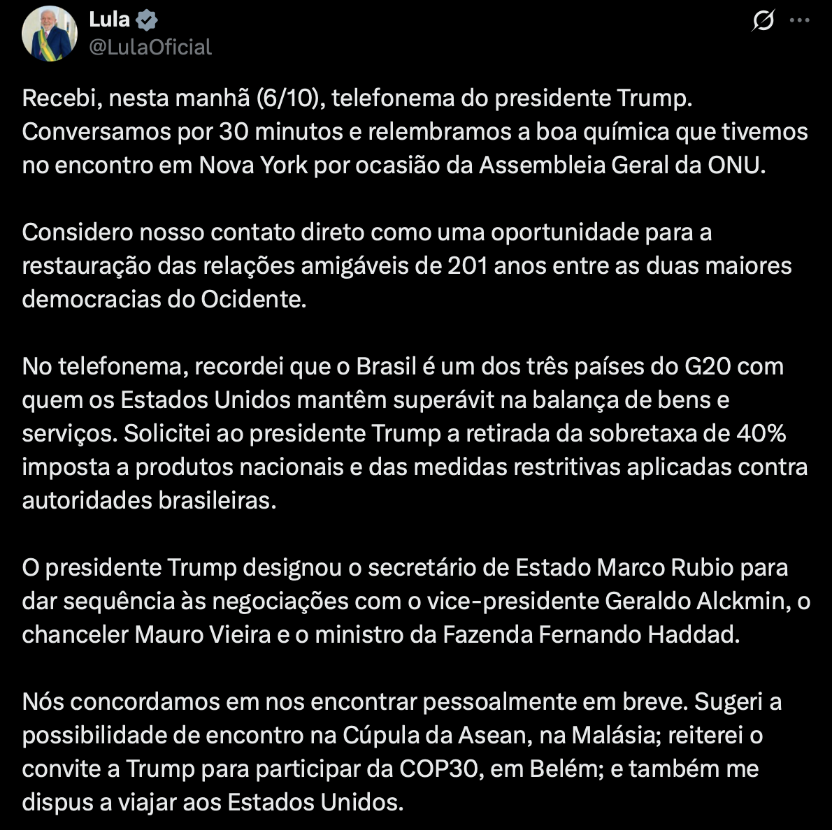 Reprodução / X: @lulaoficial