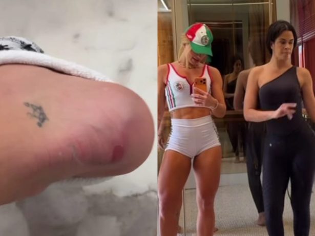 Machucada, mas animada! Virginia Fonseca treina samba com musa da Grande Rio em casa