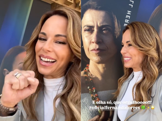 Ana Furtado mostra foto de Fernanda Torres no Museu do Oscar, em LA