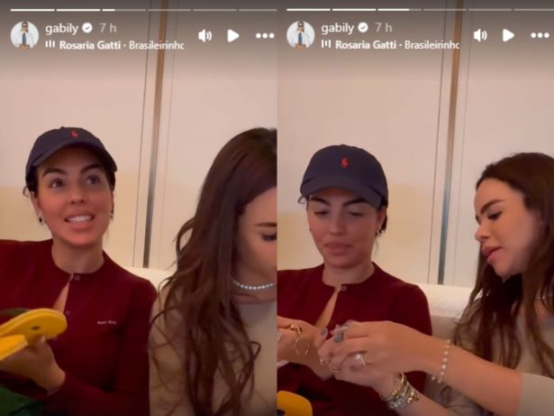 Gabily presenteia Georgina, esposa de Cristiano Ronaldo, com lembranças do Brasil