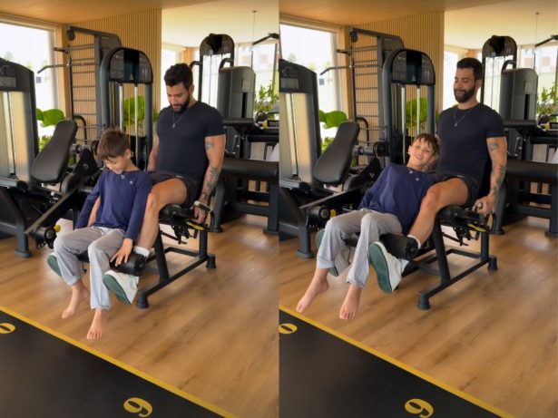 Treino em dia! Gusttavo Lima diverte ao usar filho de peso em exercício na academia