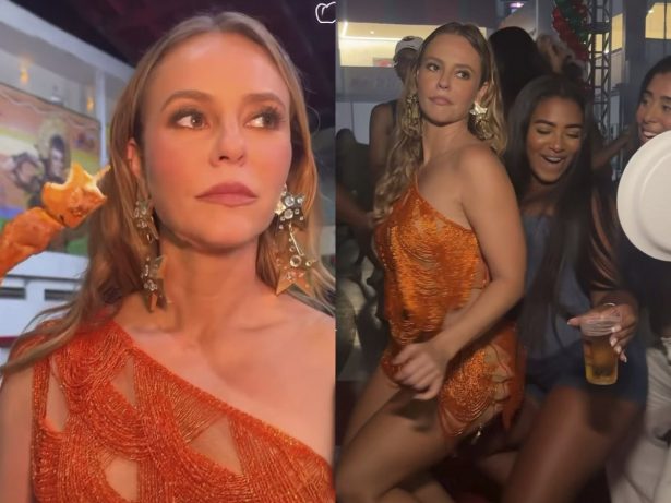 Paolla Oliveira samba, curte funk, toma cerveja e come churrasquinho na Grande Rio
