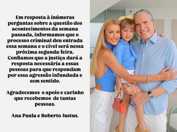Roberto Justus e Ana Paula Siebert movem ação na justiça após filha ser alvo de ataques