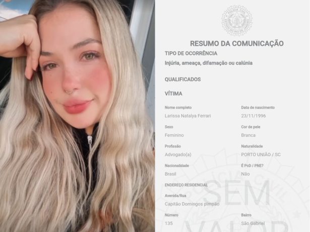 Larissa Ferrari registra boletim de ocorrência contra haters nas redes sociais