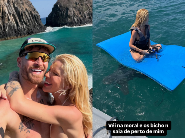 Karoline e Léo Pereira curtem Fernando de Noronha e influenciadora se assusta com tubarões