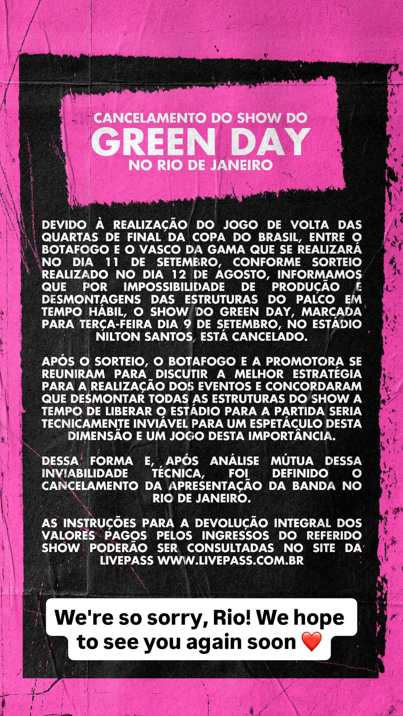 Comunicado oficial do Green Day sobre o cancelamento / Reprodução Comunicado oficial do Green Day sobre o cancelamento / Reprodução