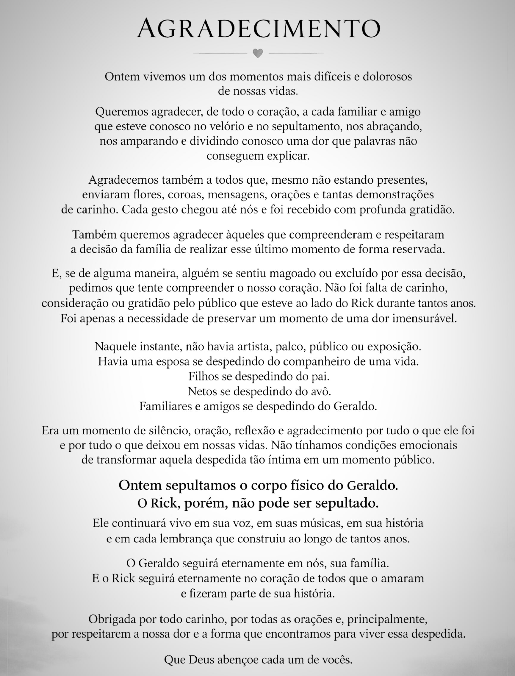 Família publicou nota oficial após velório de Rick Sollo / Foto: Reprodução Instagram Família publicou nota oficial após velório de Rick Sollo / Foto: Reprodução Instagram