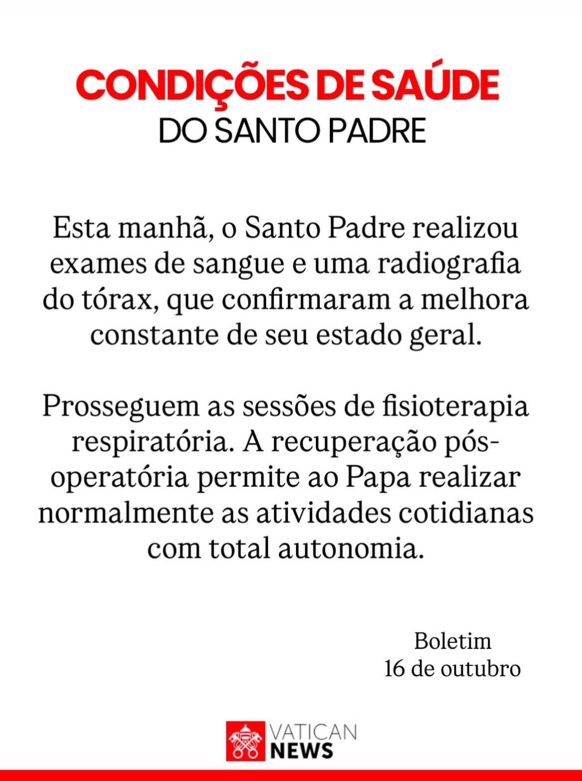 Em nota, Vaticano informou que Papa Leão XIV já realiza atividades cotidianas com "total autonomia" / Foto: Reprodução Vaticano Em nota, Vaticano informou que Papa Leão XIV já realiza atividades cotidianas com "total autonomia" / Foto: Reprodução Vaticano