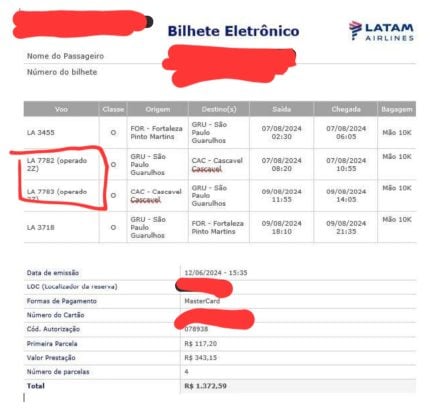 Voo 2283: À Justiça, Voepass atribui à Latam responsabilidade por crise financeira da companhia aérea 1 Bilhete de embarque mostra código confuso para informar que o voo seria operado pela Voepass