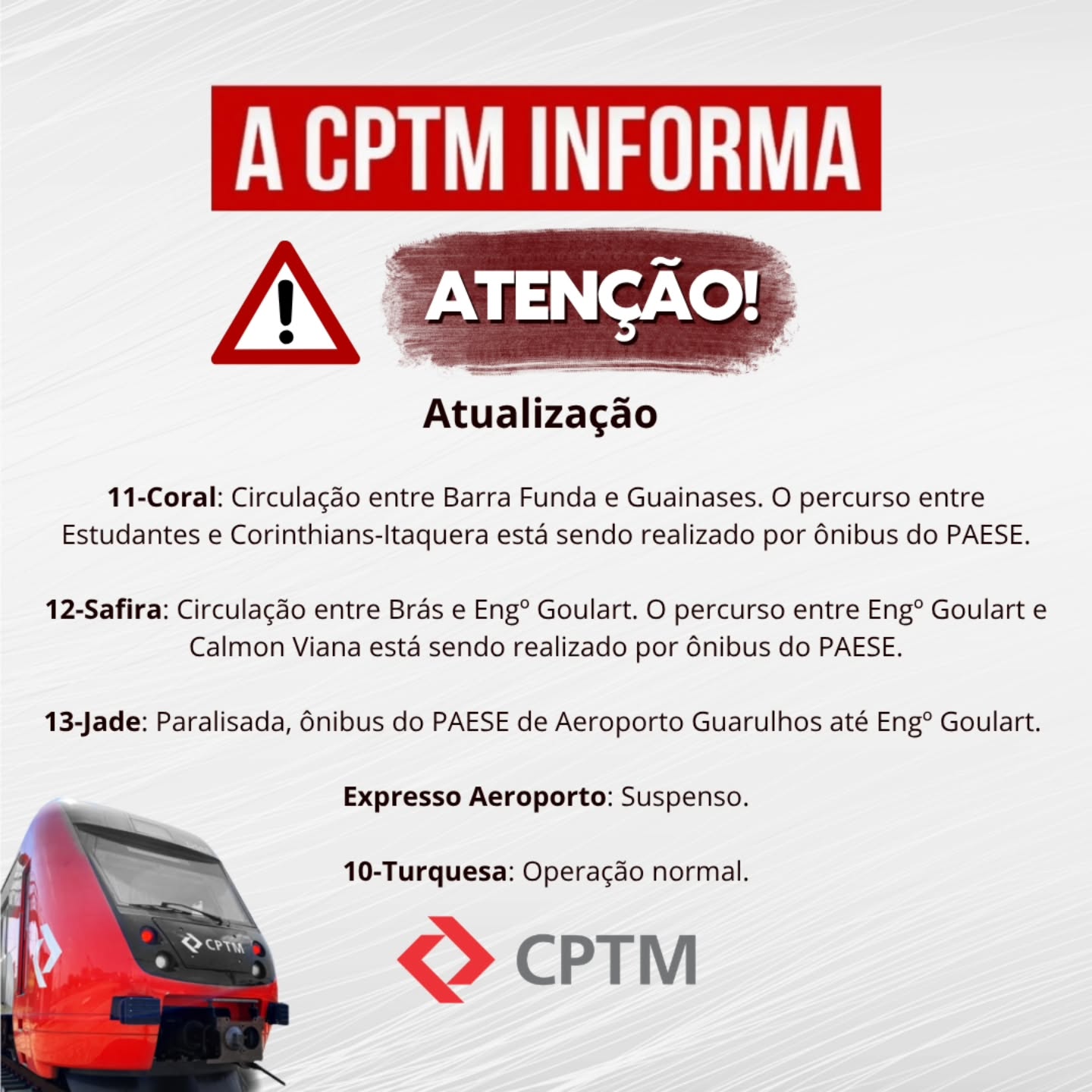 Reprodução: Instagram/@cptm_oficial Reprodução: Instagram/@cptm_oficial