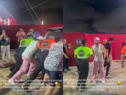 Wesley Safadão atola carro após show no Fortal e precisa empurrar veículo com equipe: “Te vira”