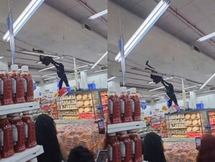 O Homem-aranha tá diferente! Homem se pendura no teto de mercado e é retirado por PM