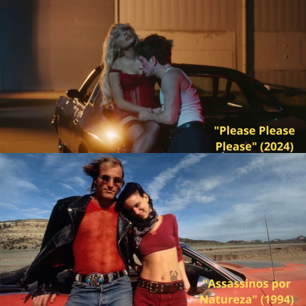 Absolutamente cinema! Confira as referências a filmes nos clipes de Sabrina Carpenter 2 Referência a "Assassinos por Natureza" (1994) no clipe "Please Please Please" (2024)