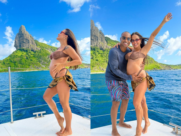 No quinto mês de gravidez, Carol Peixinho curte Noronha com Thiaguinho