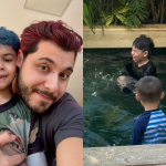 Após ganhar guarda provisória de Léo, Murilo Huff mostra o filho curtindo piscina