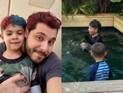 Após ganhar guarda provisória de Léo, Murilo Huff mostra o filho curtindo piscina