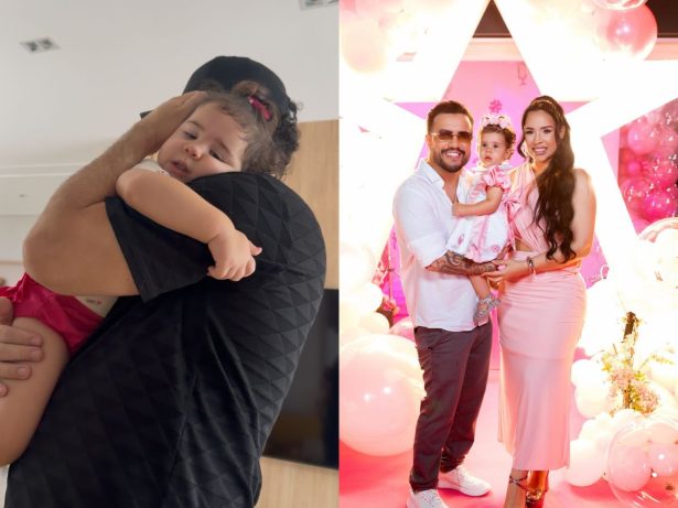 Filha de Victor Hugo, dupla de Diego, emociona ao não sair do colo do pai antes de viagem