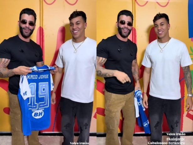 Gusttavo Lima recebe camisa de Kaio Jorge e celebra fase no Cruzeiro