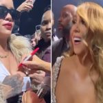 Rihanna rouba a cena em show de Mariah Carey e ganha autográfo no peito