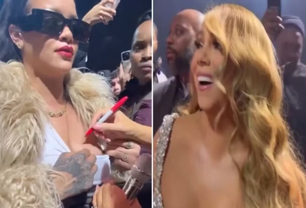 Rihanna rouba a cena em show de Mariah Carey e ganha autográfo no peito