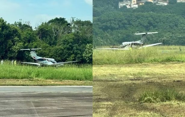 Avião de pequeno porte sai da pista do Aeroporto Campo de Marte, em São Paulo