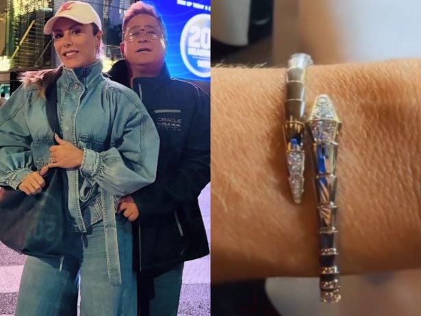 Leonardo mima Poliana Rocha com pulseira de diamantes em viagem aos EUA