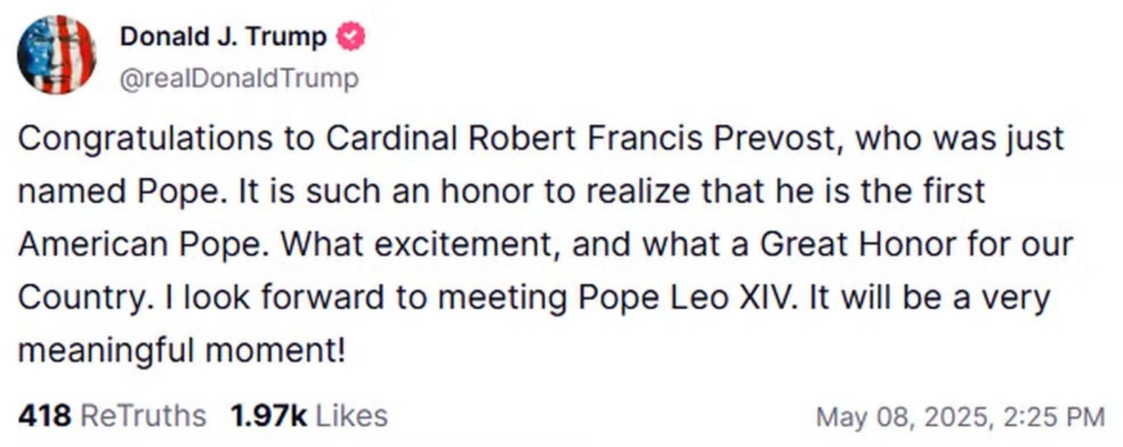 Trump se pronuncia sobre anúncio do novo Papa (Reprodução/X)