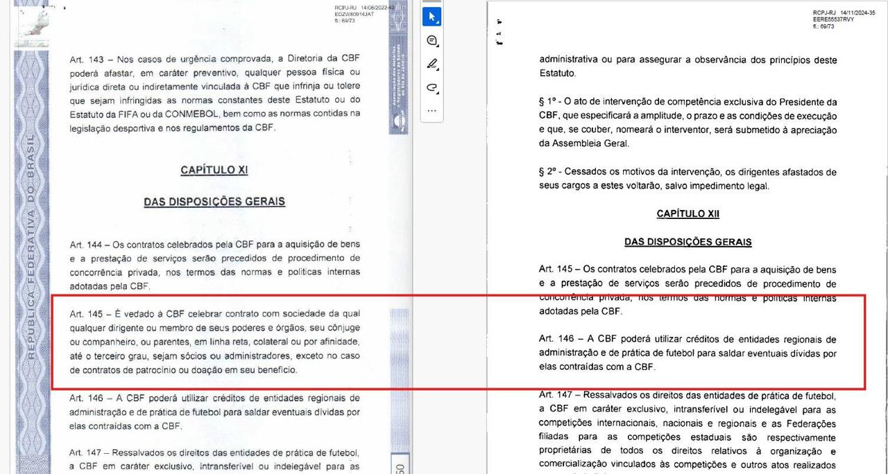 Comparação entre o estatutos da CBF de 2022 e o de 2024, onde é possível ver a exclusão dos artigos 143 e 145 / Reprodução